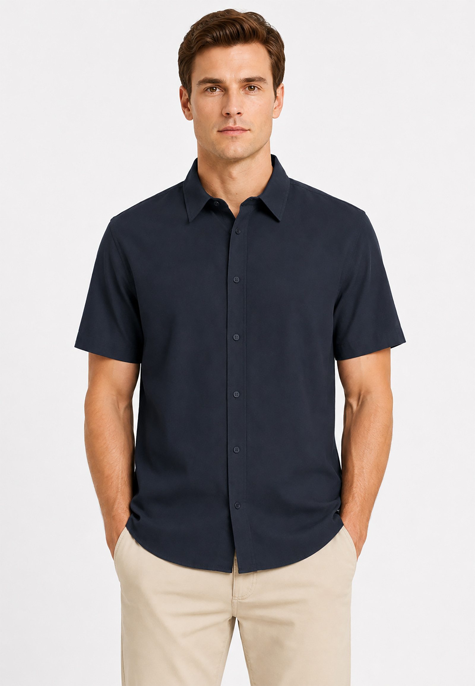 Eight2Nine Kurzarmhemd Modernes Design Kentkragen Regular Fit für Herren Lyocell nachhaltig Normal Fit Knopfleiste Einfarbig Kent