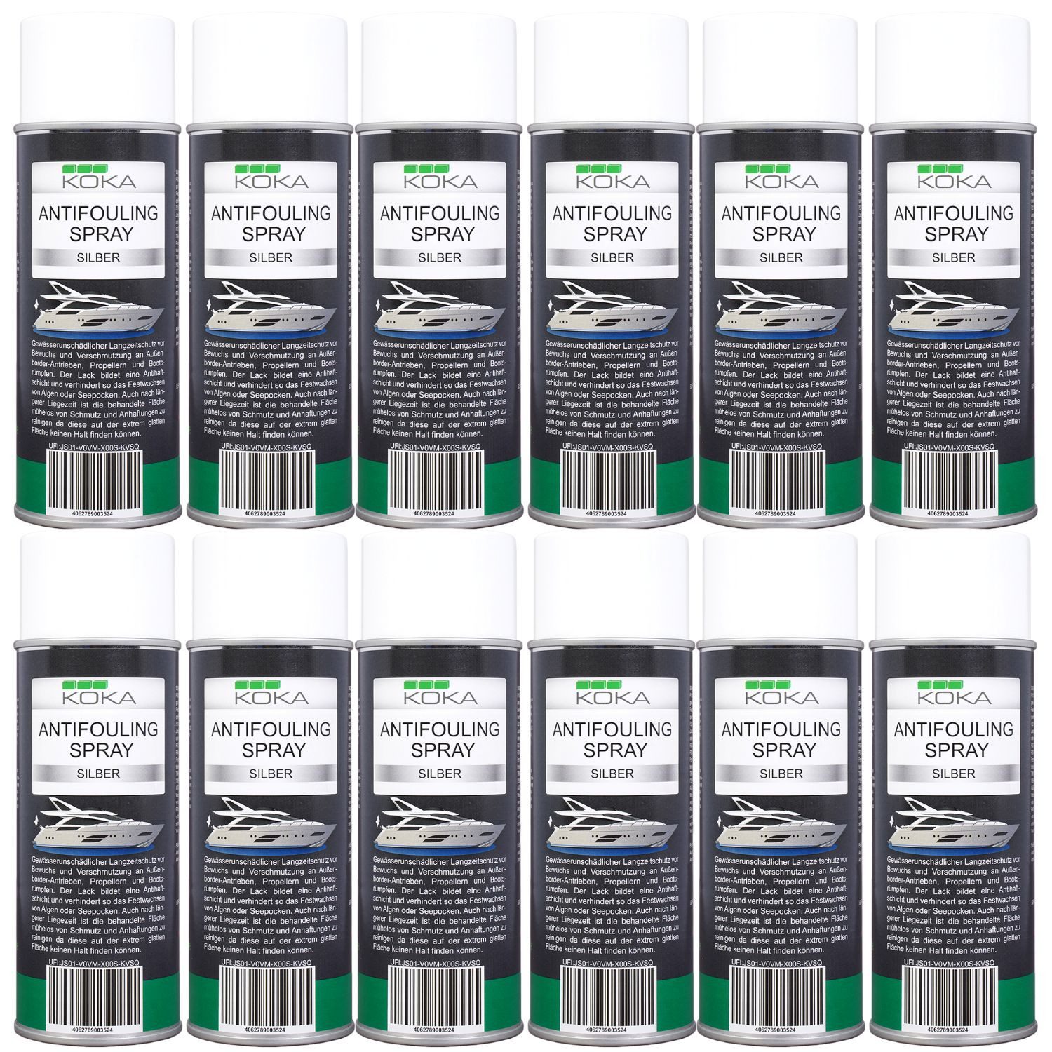 KOKA 12x Antifouling Spray Silber Bewuchs-Schutz Boot Lackschutz (Dosen, 12 St., 12x 400ml Dose), Langzeitschutz Antihaft-Schicht für Bootsrumpf Rumpf Antrieb Propeller