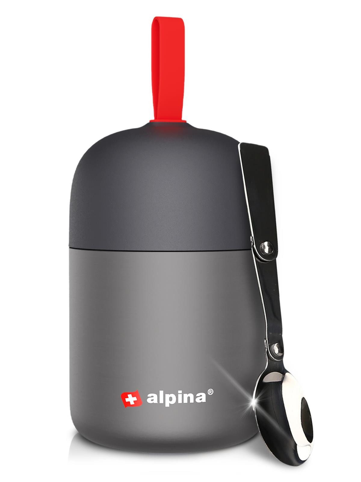 Alpina Thermobecher Thermobehälter Thermo Becher Essensbehälter Lunchbox 530 ml, Edelstahl, mit Druckausgleich und faltbarem Löffel hält extra lange warm/kalt