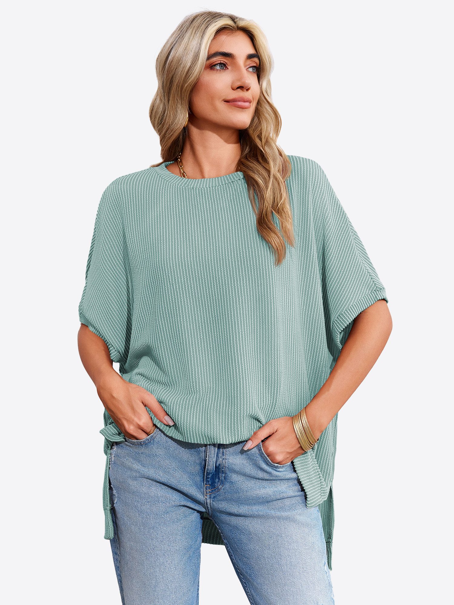 Imily Bela T-Shirt Damen Oversized Fledermausärmel Top Gerippt Loose (Packung, 1-tlg., 1per-Pack) Halbarm Stricken in Unifarbe