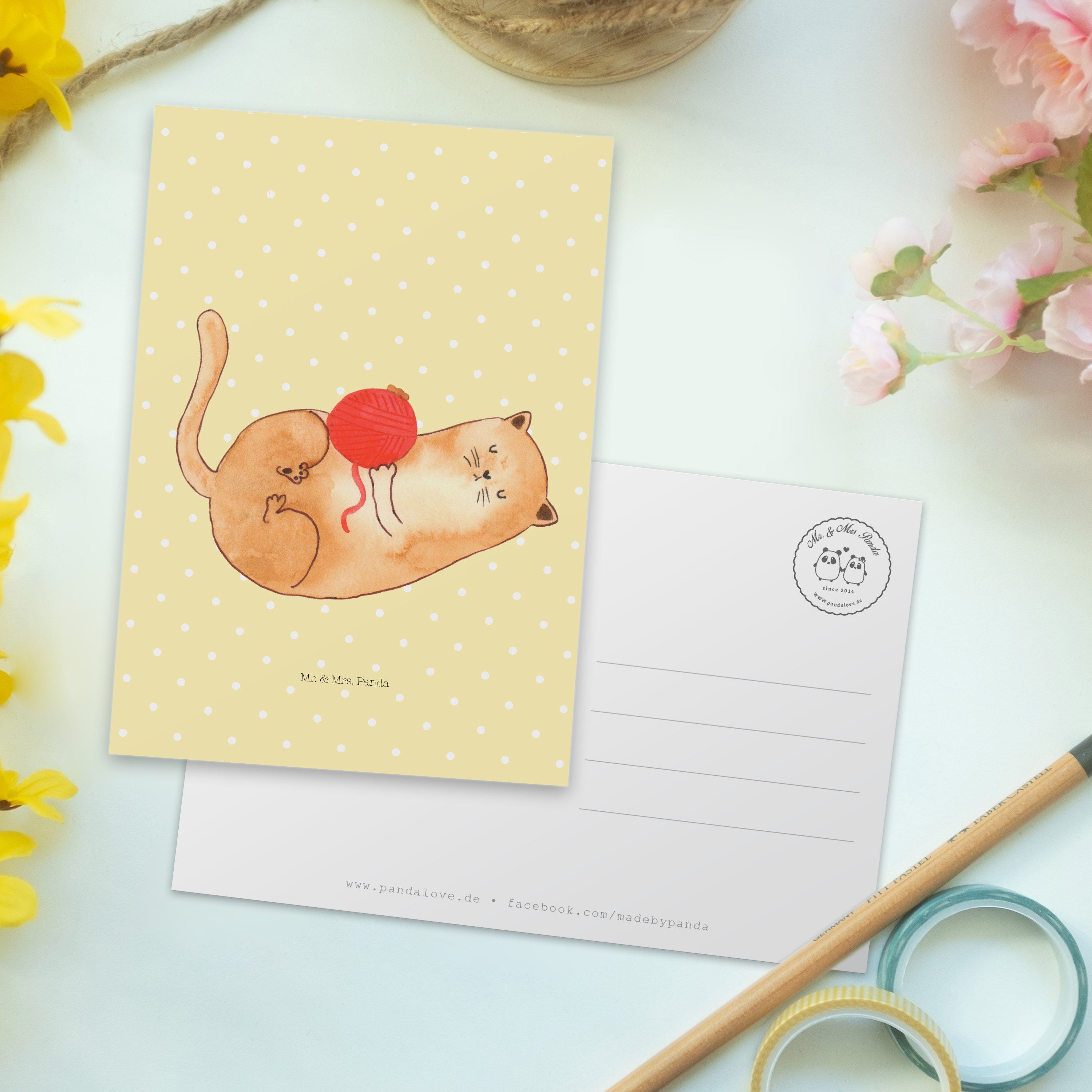 Postkarte Ansichtska - Katzen Gelb Geschenk, & Pastell Mrs. - Panda Mr. Geschenkkarte, Wollknäul