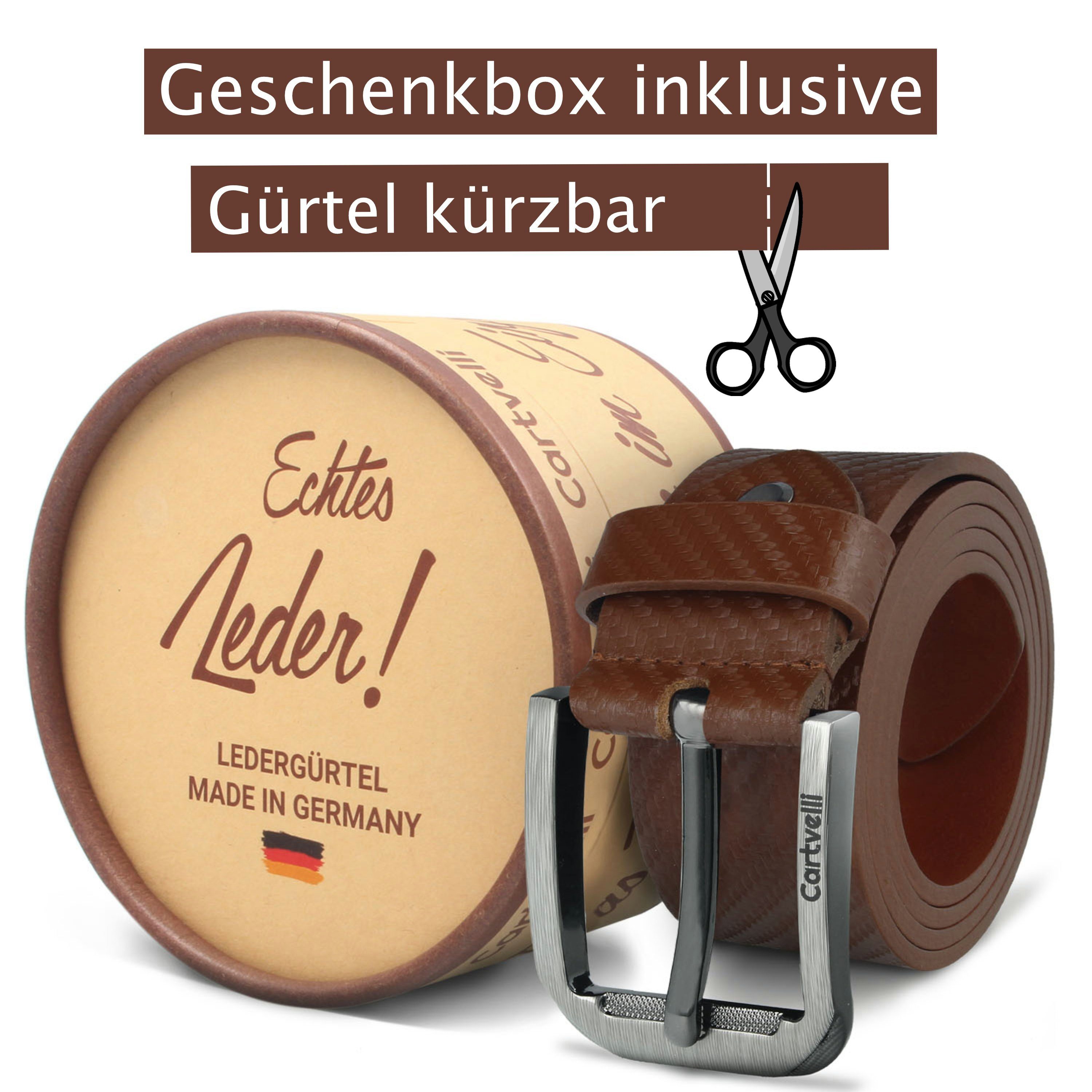 Cartvelli Ledergürtel Ledergürtel (3 Design mit Herren Schließe Farben) in Braun edles klassisch mit Germany Carbon wunderbarer Carbon Geschenkbox Made