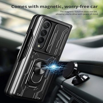 Wigento Handyhülle Für Samsung Galaxy Z Fold4 5G Magnet Ring Vollschutz Kunststoff Hart Cover Handy Tasche Hülle Etuis Schwarz