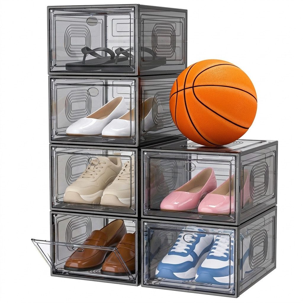 POPOLIC Schuhkiste 6/9/10 Stück Schuhboxen stapelbar Schuhboxen aus klarem Kunststoff (Hartplastik Schuhbox mit Deckel, 6 St., Schuhorganisatoren mit Magnettür für Größe 46 - Hartplastik), faltbar und stapelbar, für Stöckelschuhe,Pumps, Schuhaufbewahrung