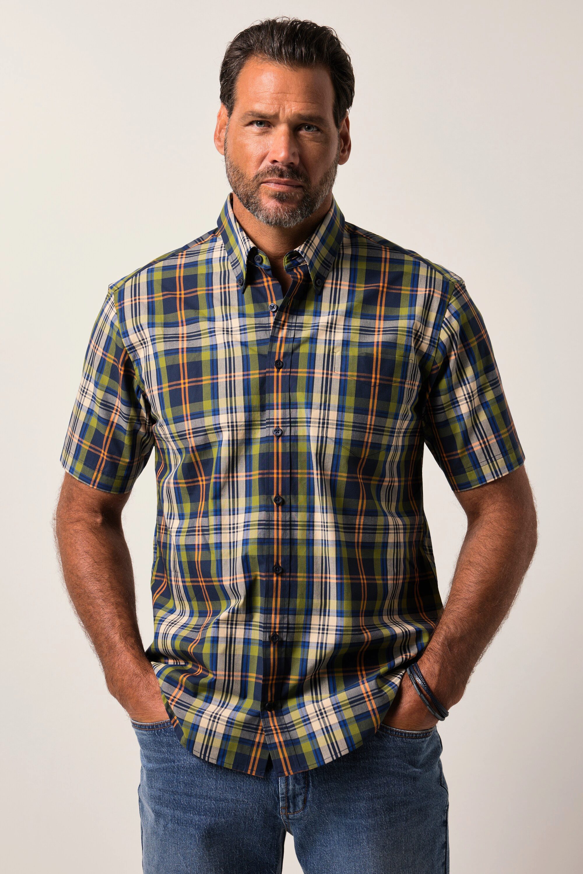Kurzarmhemd JP1880 Karohemd Halbarm Buttondown-Kragen bis 8 XL