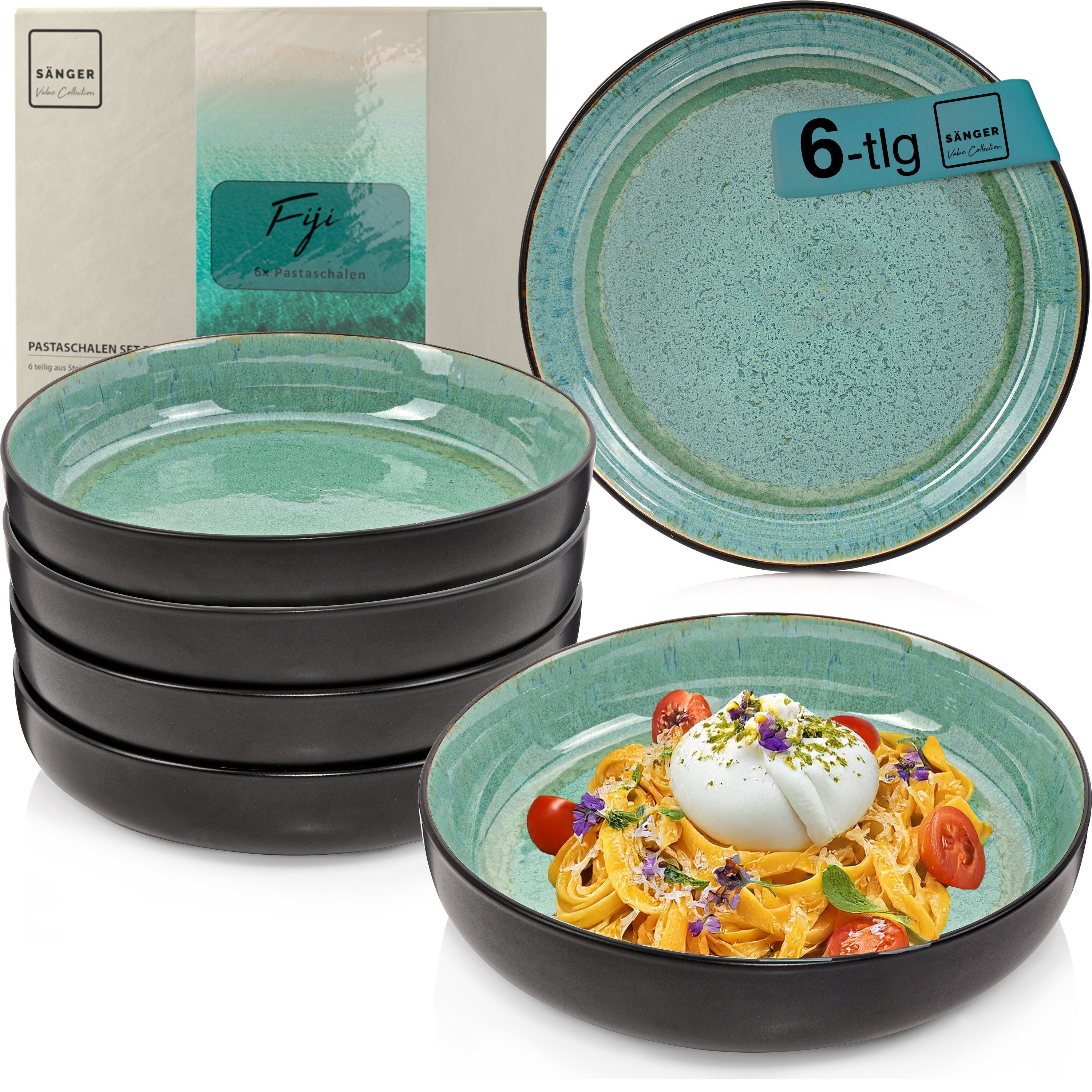 SÄNGER Teller Set Fiji, Grün Schwarz, (6 St), 6 tlg. Pastaschalen, Steingut, Handmade, VALUE COLLECTION