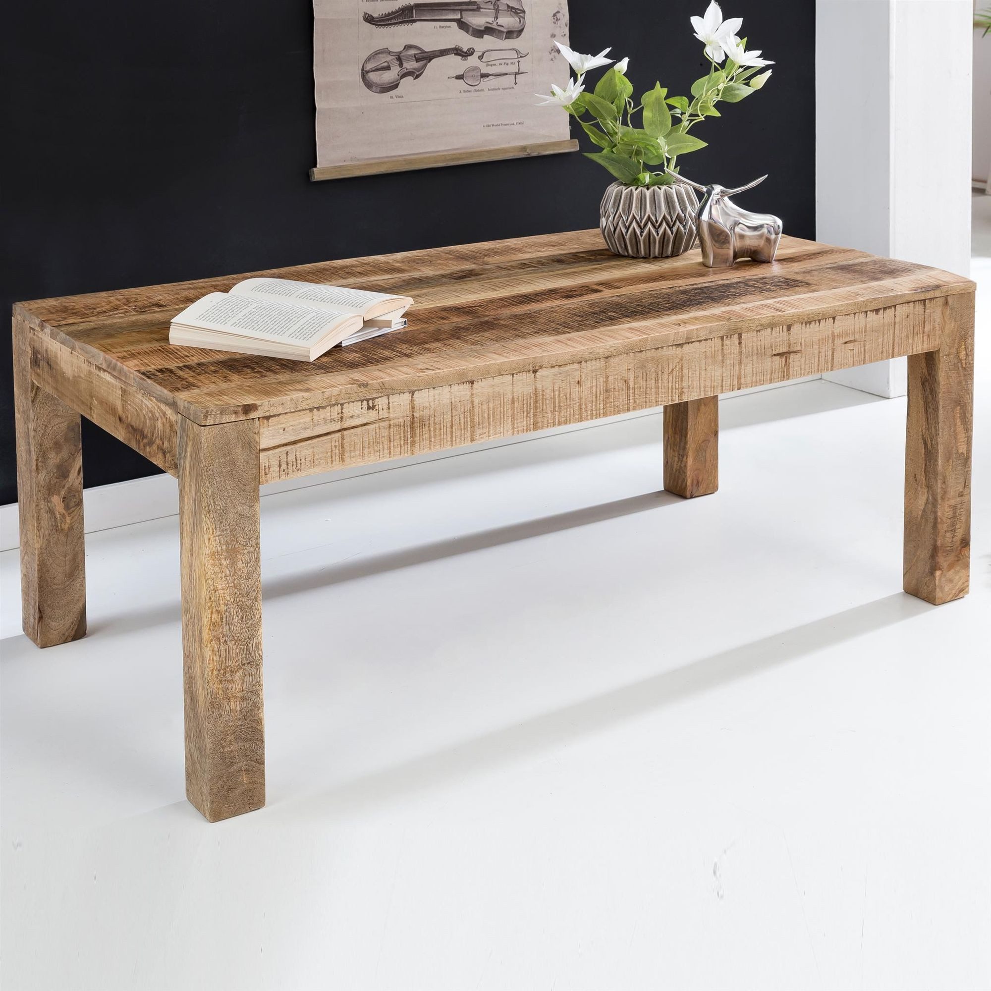 FINEBUY Couchtisch FB45558 (110x60x47 cm Massivholz Mango Natur Rechteckig), Großer Wohnzimmertisch, Sofatisch Kaffeetisch