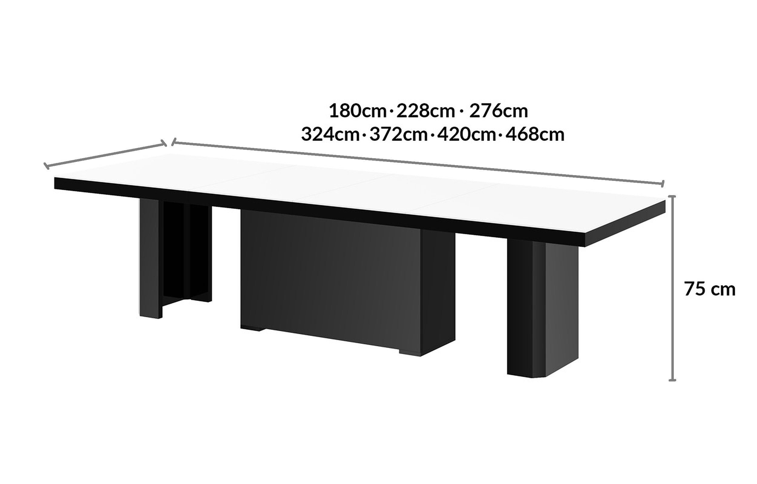 designimpex Esstisch Hochglanz XXL Hochglanz / Schwarz ausziehbar Weiß 180-468cm HEK-111 Tisch Schwarz Design / Hochglanz Weiß