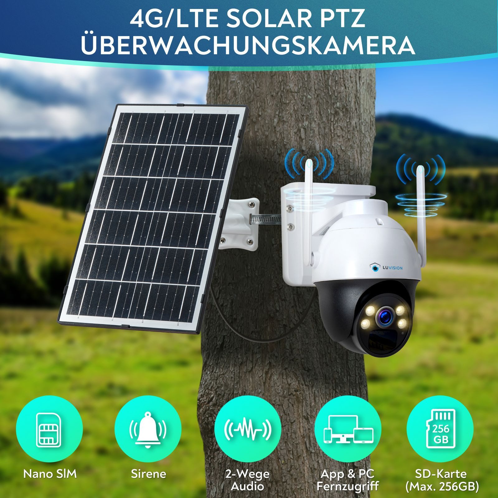 LUVISION Überwachungskamera LV-G-2033 (Außenbereich, 1-tlg., 4G / LTE PTZ Solar Überwachungskamera SIM Karte Kamera mit Mikrofon, Solarpanel, 2-Wege Audio, PC Client & App, schwenkbar, Akku, Batterie)