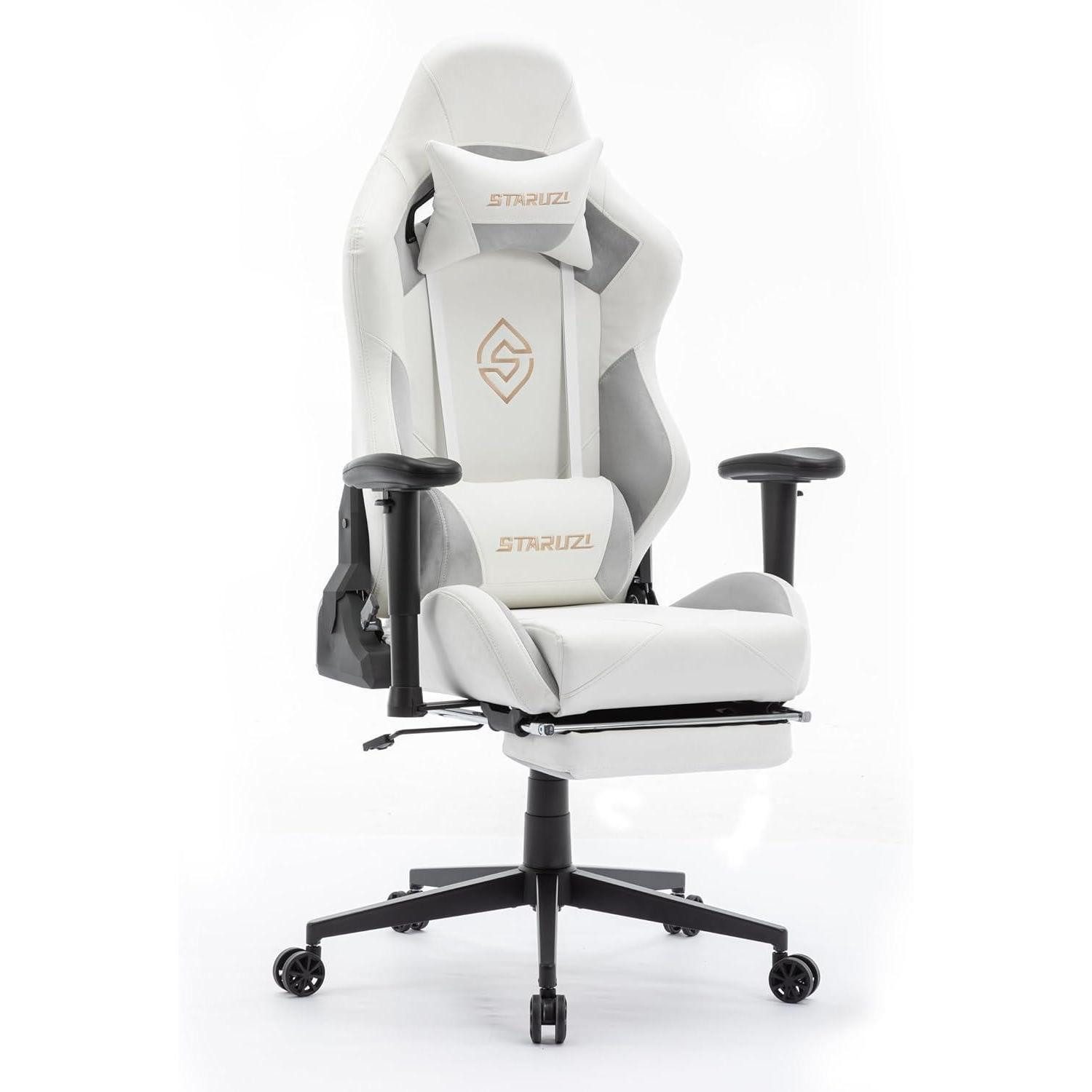 LuxusKollektion Gaming-Stuhl Gaming Stuhl Weiß Leder mit Fußstütze, verstellb. Armlehnen,180 kg