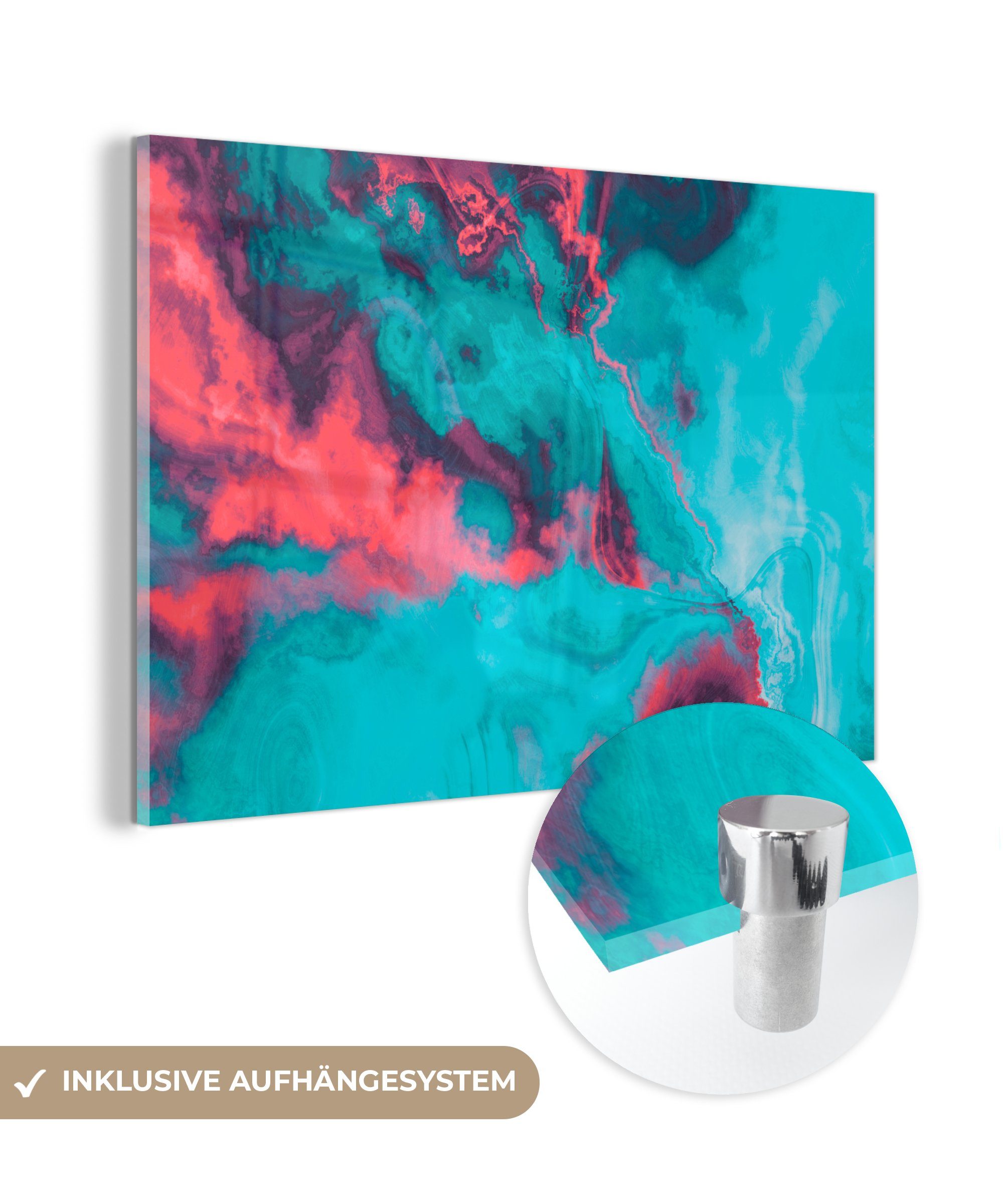 MuchoWow Acrylglasbild Abstrakt - Neon - Rosa - Blau, (1 St), Acrylglasbilder Wohnzimmer & Schlafzimmer