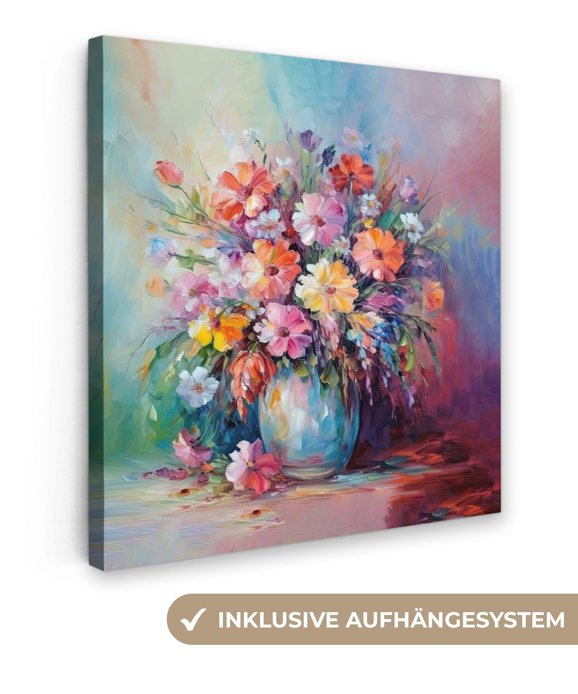 OneMillionCanvasses® Leinwandbild Blumen - Kunst - Malerei - Frühling - Blumenstrauß, Fotodruck (1 St), Wandbild, Deko Schlafzimmer Wohnzimmer Flur 20x20 cm