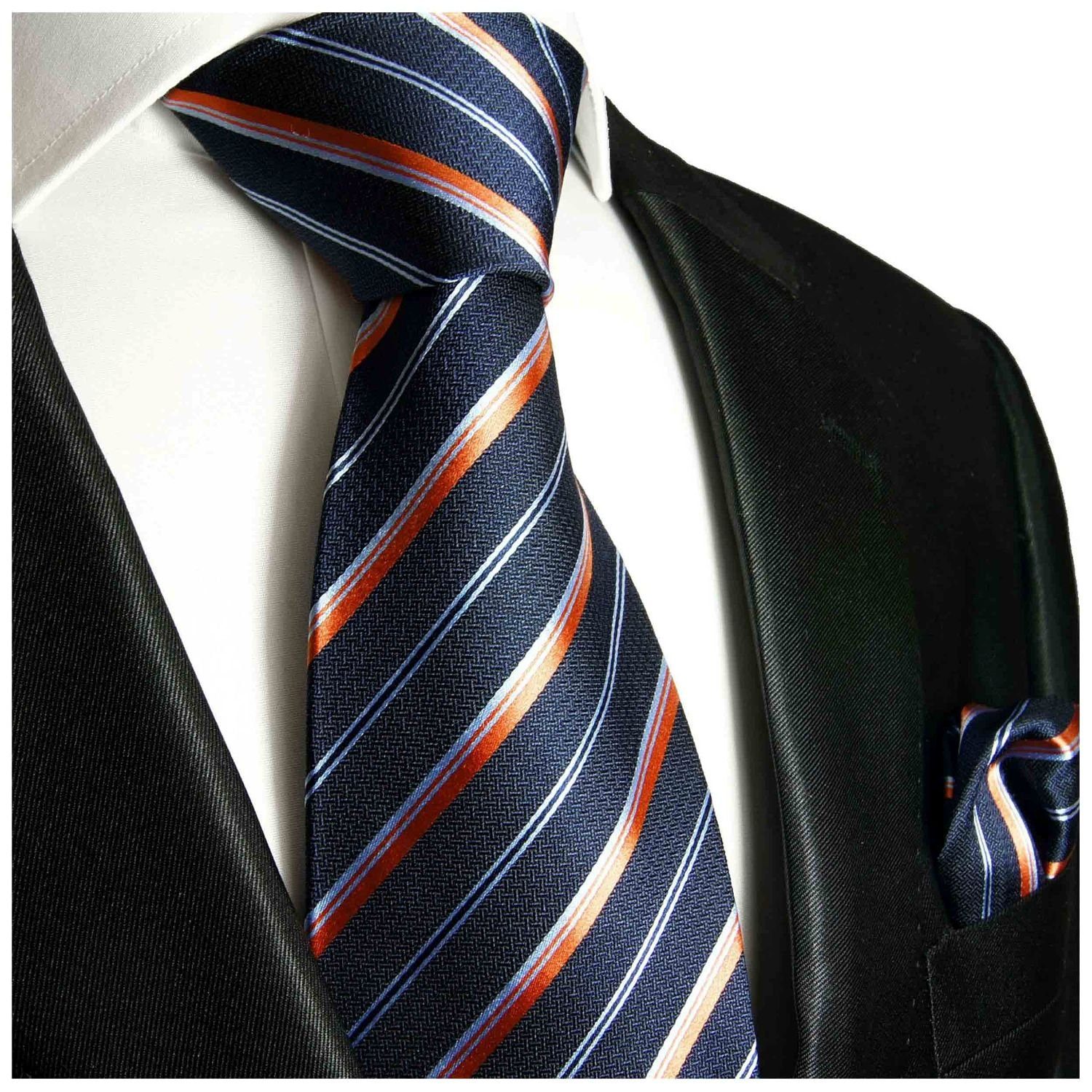 Paul Malone Krawatte Krawatte gestreift mit 722 Seidenkrawatte 100% orange Seide 2-St., Breit mit blau Einstecktuch) Tuch (8cm), modern Herren (Set