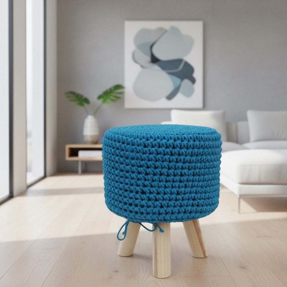Melko Sitzhocker Sitzpouf Sitzhocker Stoff in Hellblau mit Holzfüßen Strickpolster (Stück), Stylisch und praktisch für Stube, Flur, Gäste- und Kinderzimmer