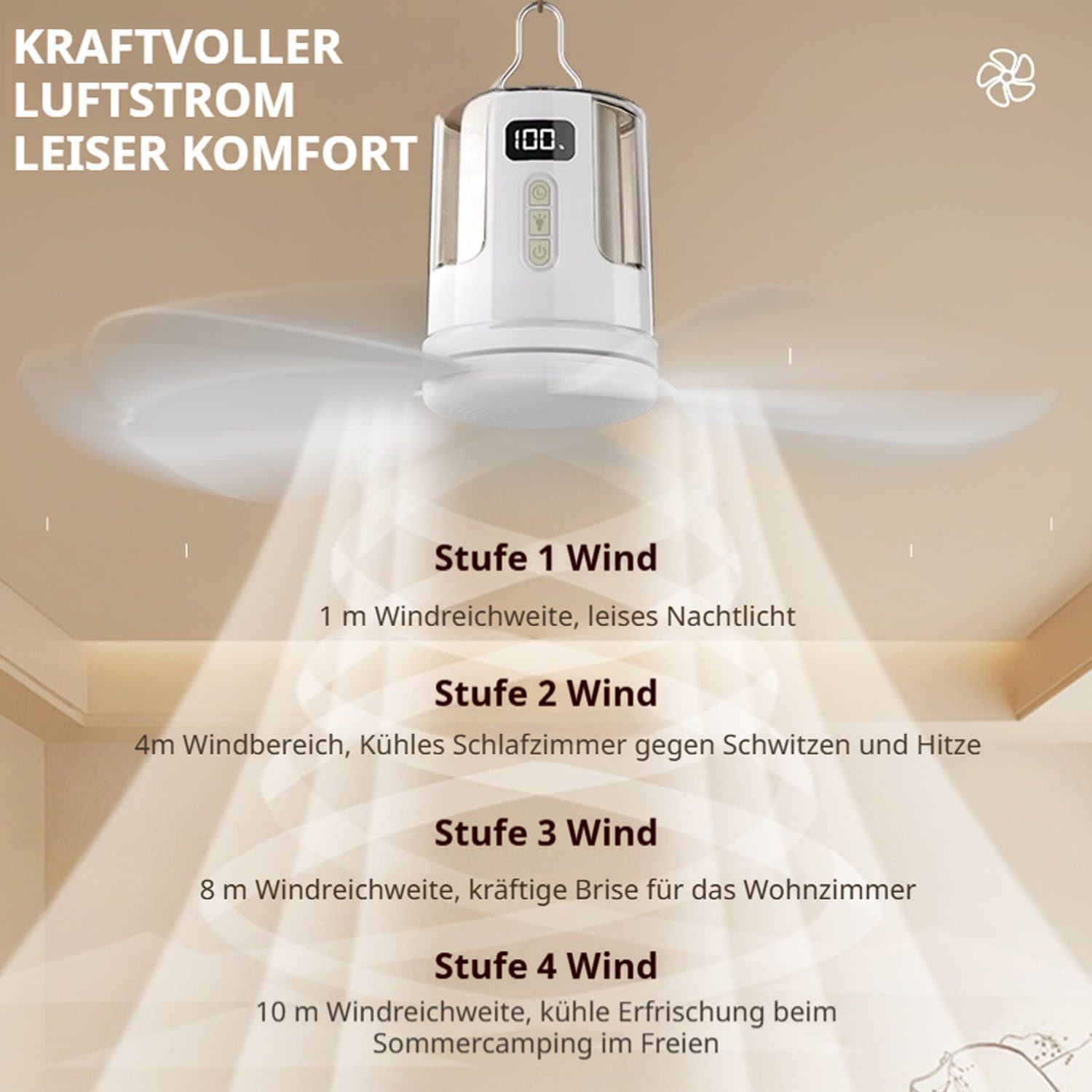 VIVIHEYDAY Deckenventilator Akku mit Beleuchtung Camping, Aufladbar Deckenventilator mit Licht, USB,Timer,Mobiler Ventilator Akku für Außenbereich, Pavillon Ter – Bild 4 von 5