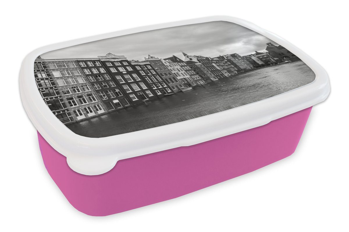 MuchoWow Lunchbox Amsterdam Grachten Schwarz-Weiß-Fotodruck, Kunststoff, (2-tlg), Brotbox für Erwachsene, Brotdose Kinder, Snackbox, Mädchen, Kunststoff rosa