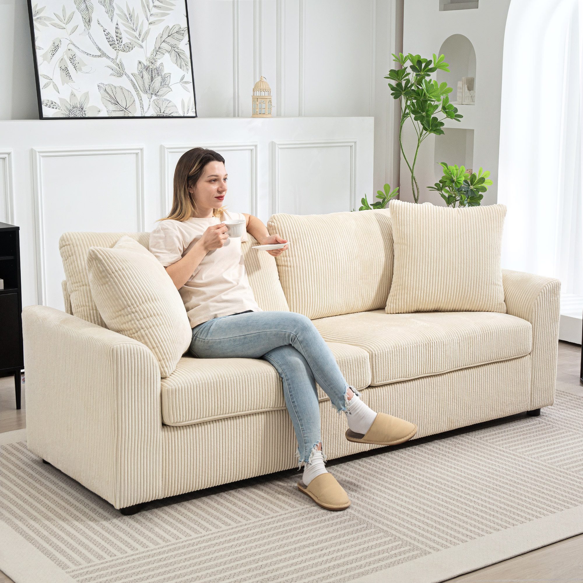 HOMCOM 3-Sitzer mit Zierkissen, Cordsofa, 212 cm breit, Couch 1 Teile, für günstig online kaufen
