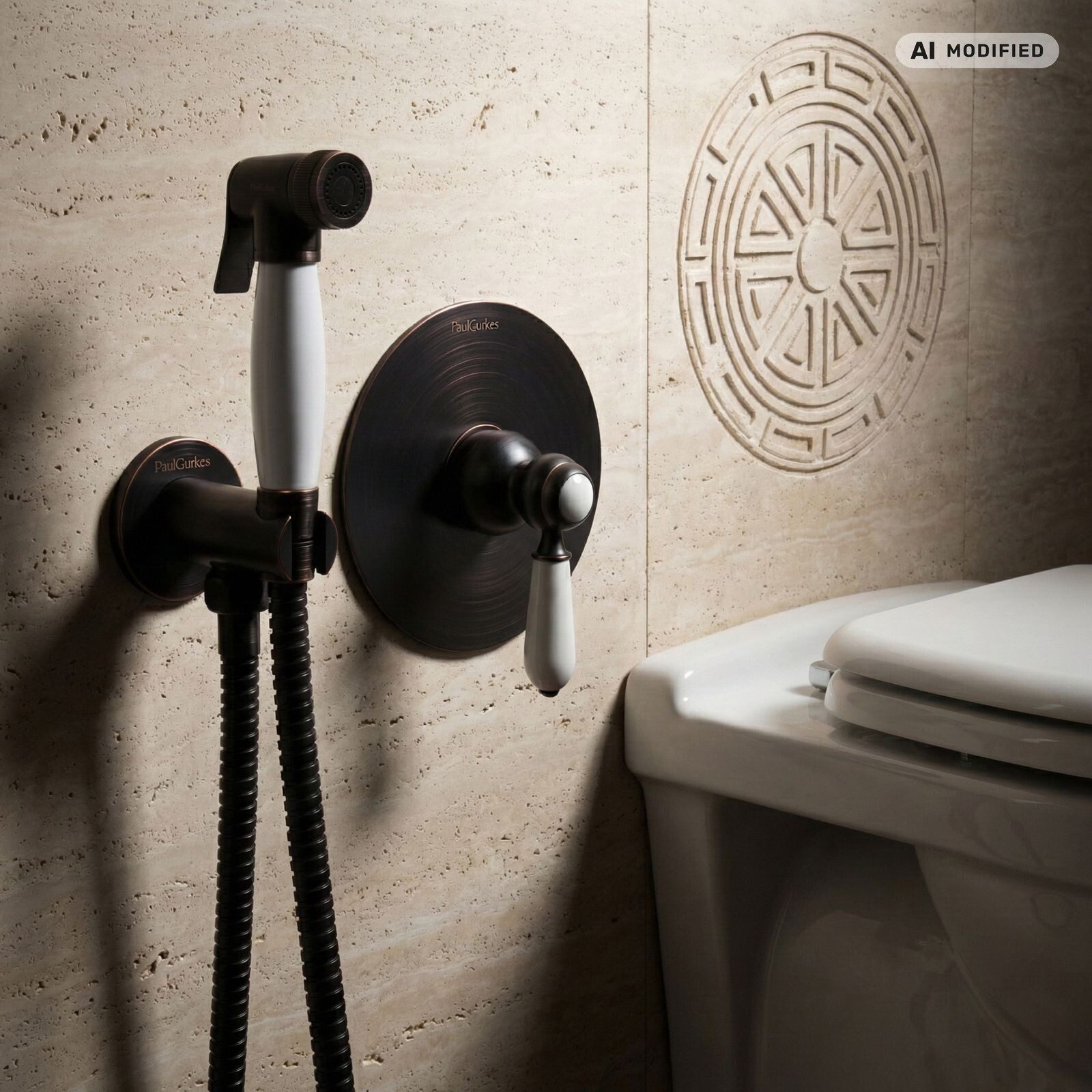 PaulGurkes Bidetarmatur (Set, 4-St., Unterputz-Armatur mit Bidetbrause, Halterung und Schlauch) Schwarze Oberfläche, Nostalgie-Design, Keramikkartusche