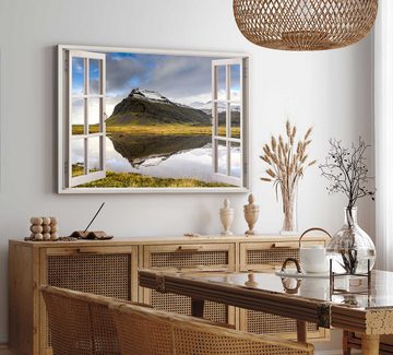 Sinus Art Leinwandbild Wandbild 120x80cm Fensterbild Island Landschaft Berge See Natur Grün, (1 St)