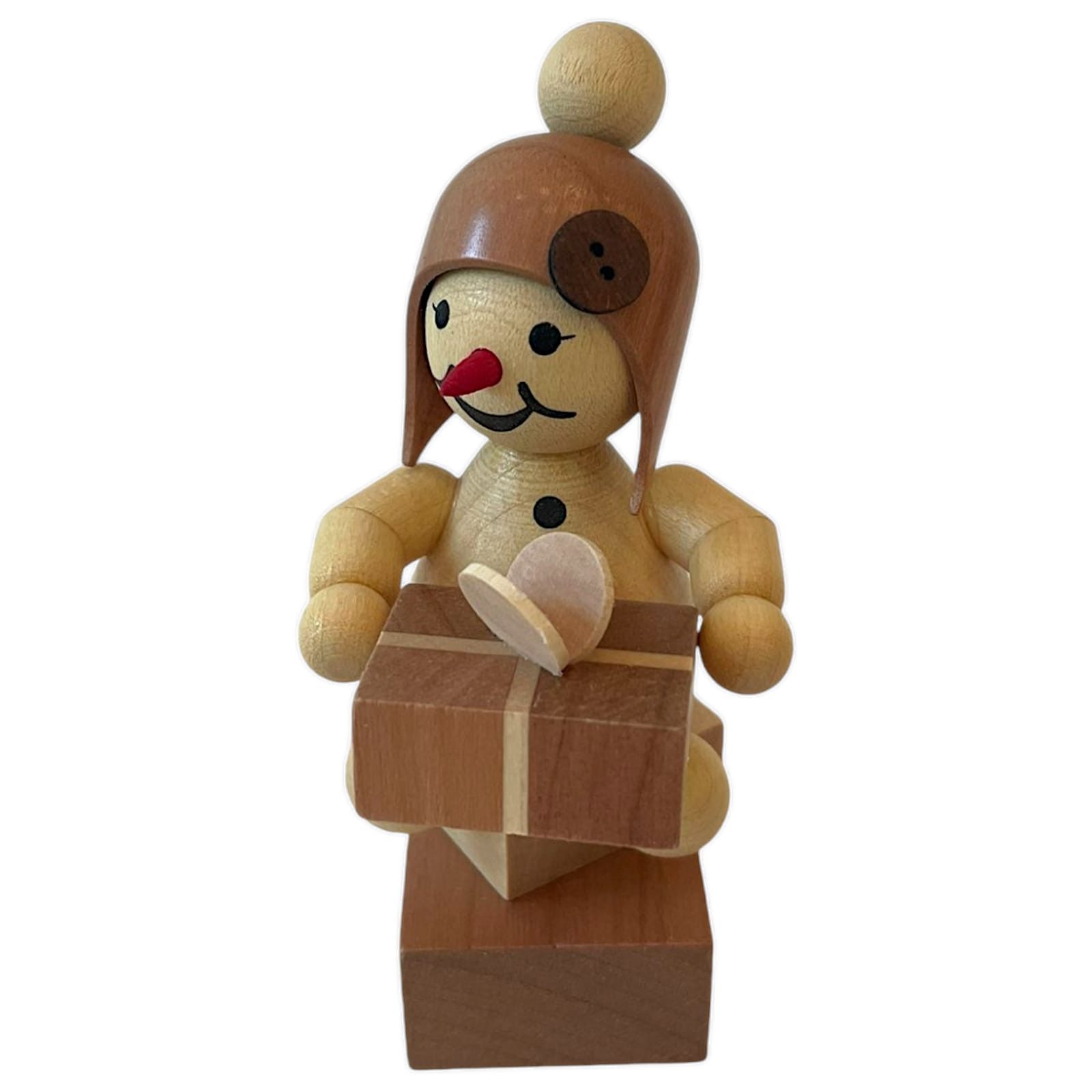 Drechslerei Volkmar Wagner Räuchermännchen Schneemädchen „mit Geschenk“ sitzend - 10 cm