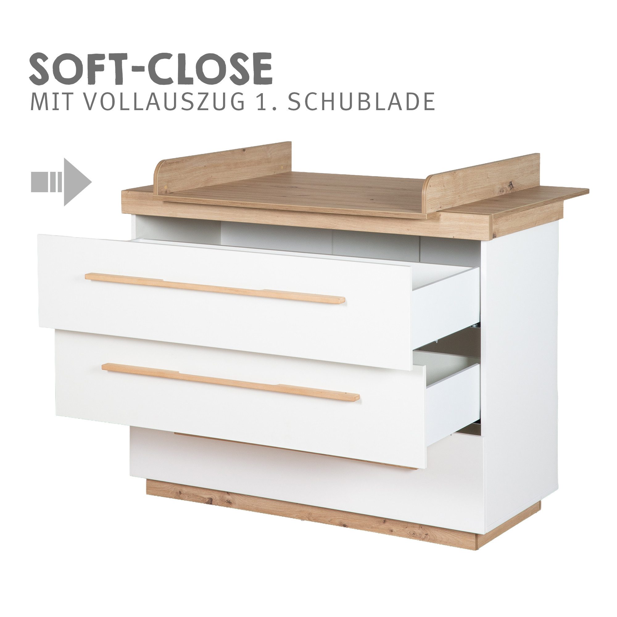 roba® Wickelkommode Lumo - Schranktief - aus Holz - Weiß / Artisan Eiche - MADE IN EUROPE, Wickeltisch mit 3 Schubladen inkl. Füßen und Griffen aus Massivholz