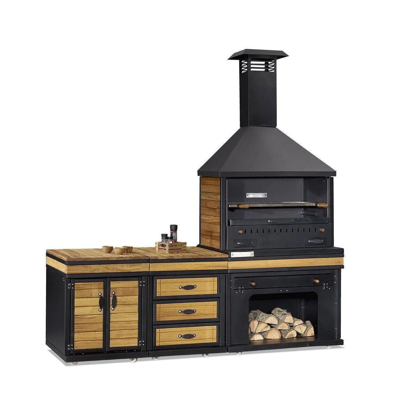 Xlmoebel Outdoor-Küche Schwarze Außenküche aus Holz und Edelstahl mit Kochbereich, Made in Europa
