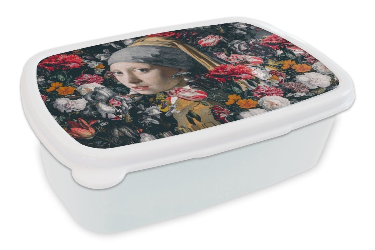 MuchoWow Lunchbox Das Mädchen mit dem Perlenohrring - Johannes Vermeer - Blumen, Kunststoff, (2-tlg), Brotbox für Kinder und Erwachsene, Brotdose, für Jungs und Mädchen weiß