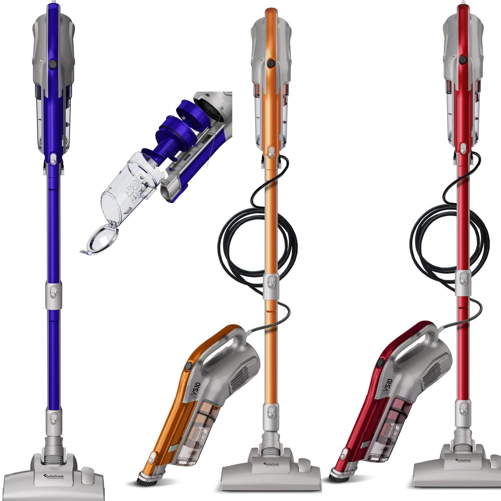 TurboTronic by Z-Line Hand-und Stielstaubsauger mit 7m Kabel und Wandhalterung, 600 W, beutellos, 2in1 Staubsauger (ohne Beutel) mit HEPA-Filter, Abluft-Mikro-Filter und Bodendüse