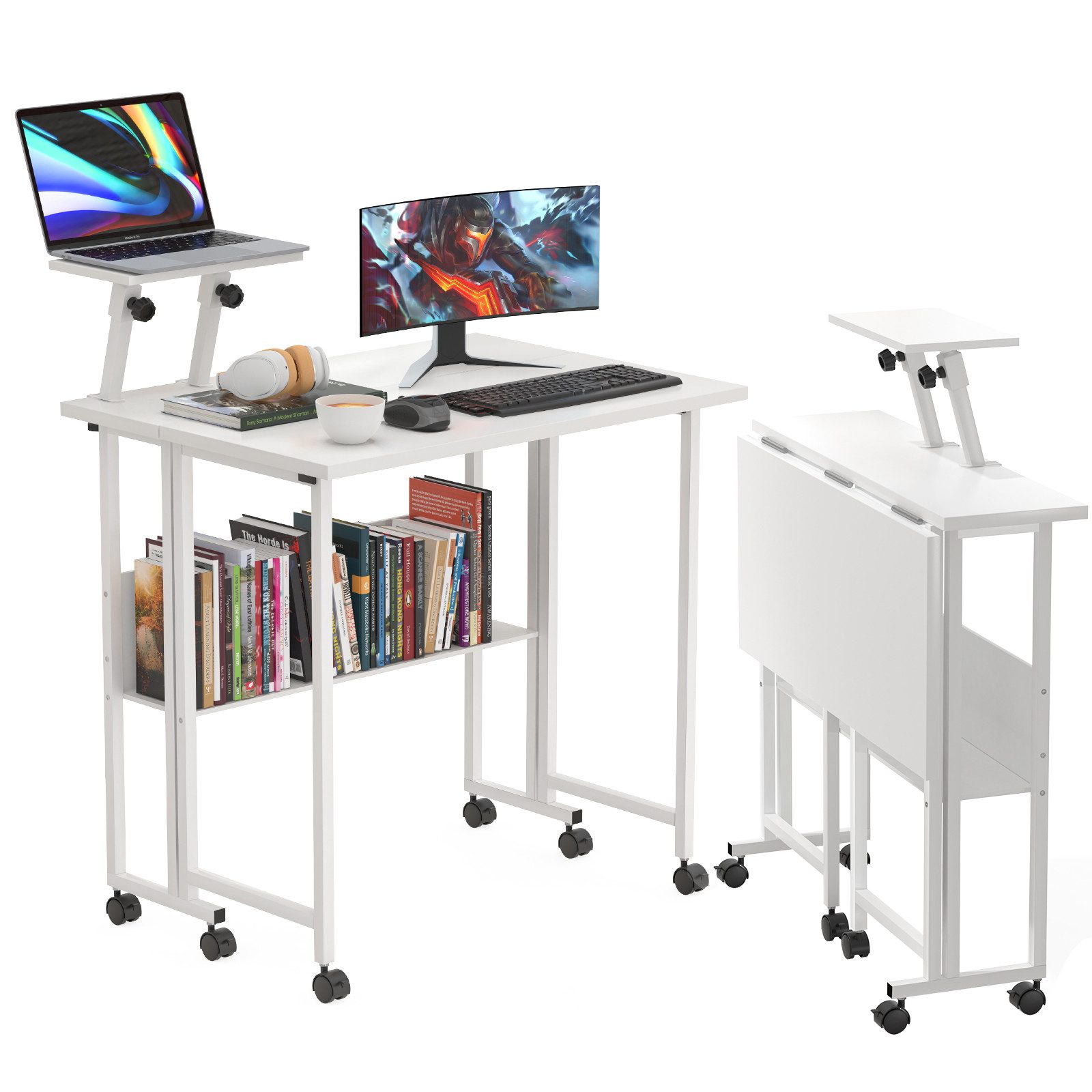 JEOBEST Schreibtisch Kleiner klappbarer Computertisch mit Regal und Rollen, (1-St. Tisch mit erhöhter Monitorablage) Faltbarer Bürotisch