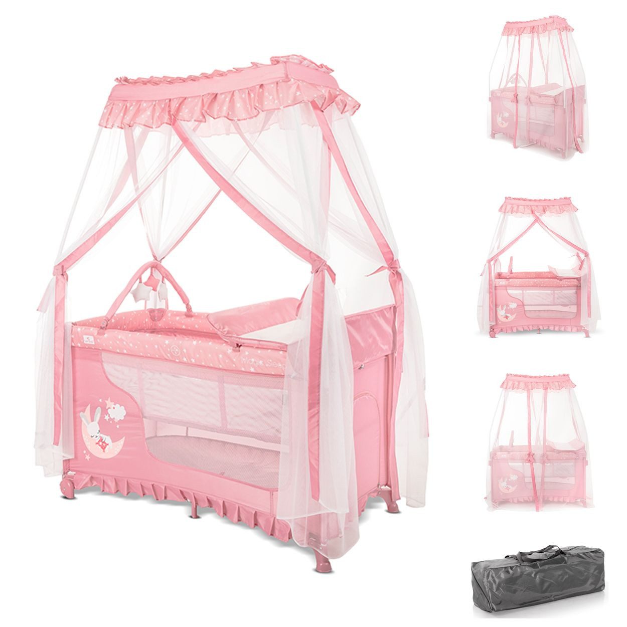 LORELLI Baby-Reisebett Magic Sleep 2 Ebenen, Wickelauflage, Mobile, Baldachin, Räder, Tragetasche, Polyester