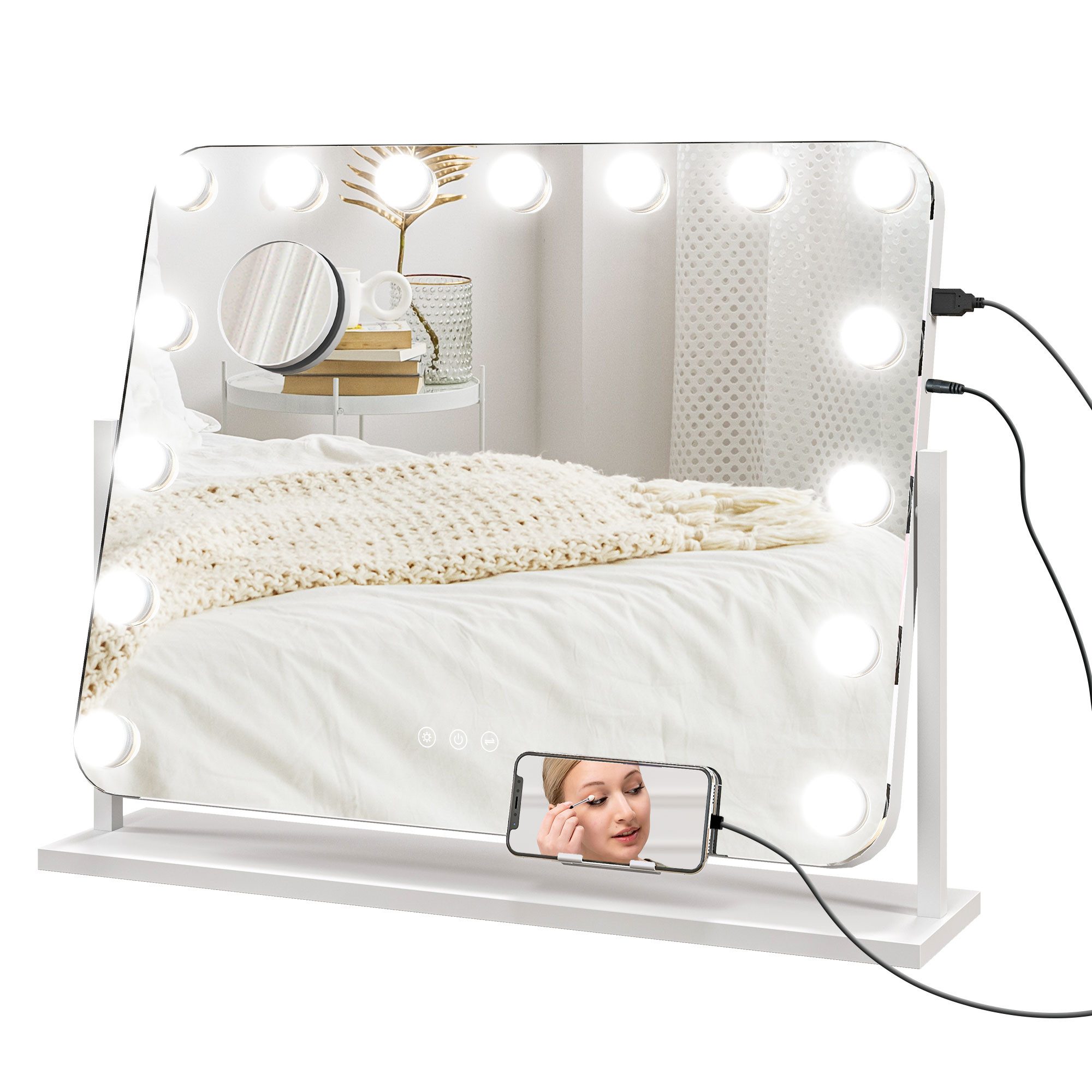 HOMCOM Schminkspiegel Hollywood Spiegel mit Beleuchtung (Kosmetikspiegel mit 15 LED Licht, 3 Lichtfarben, 1-St., mit USB-Ladeanschluss, Handyhalterung), Touchschalter, 360° drehbar, Weiß