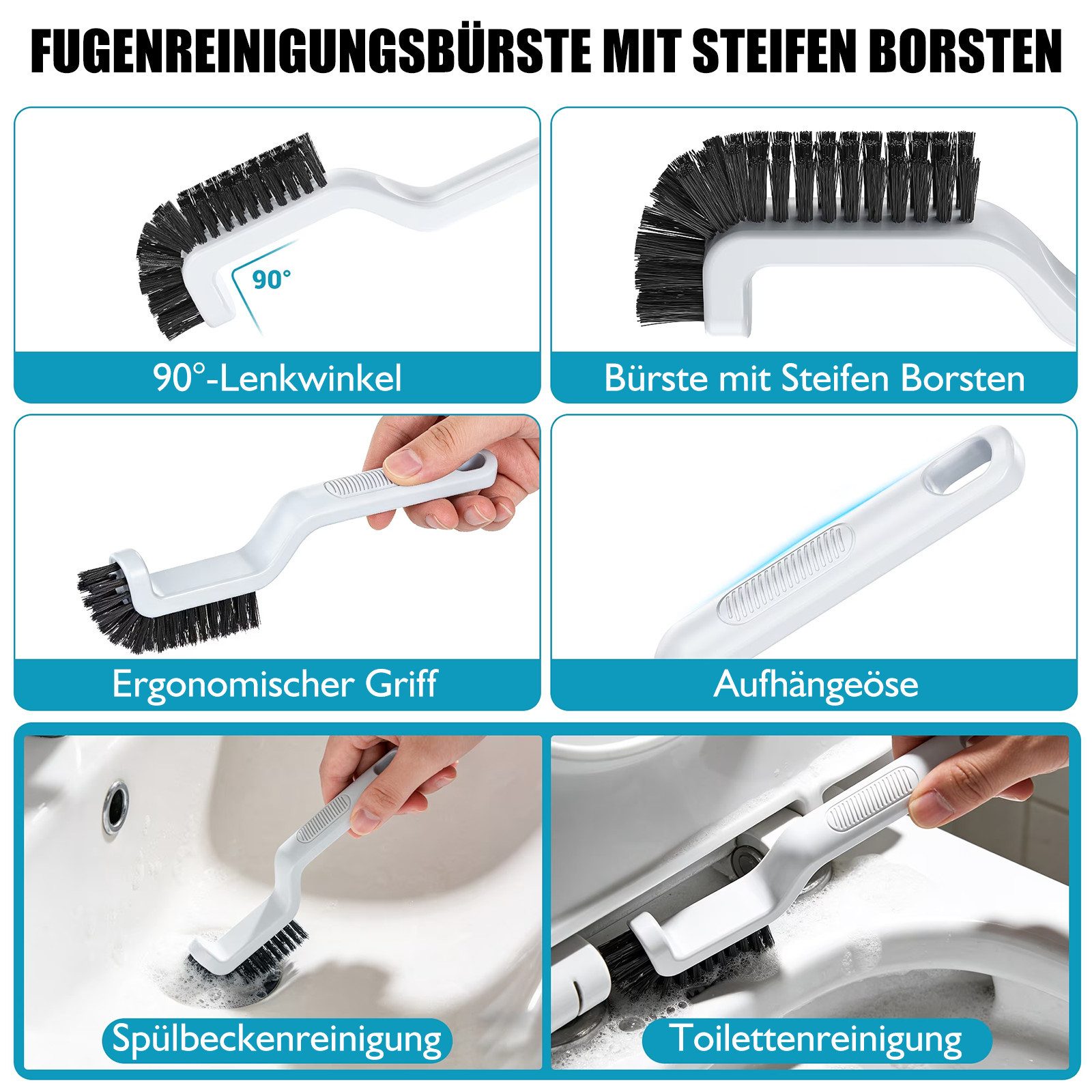 HUGERSTONE WC-Reinigungsbürste Klobürste Set mit Toilettenbürstenhalter Stehend und Fugenbürste, (Set, 3-tlg, WC Bürste Set mit Versteckter Pinzette), Geeignet zur Reinigung von Toiletten, Waschbecken und Badezimmern