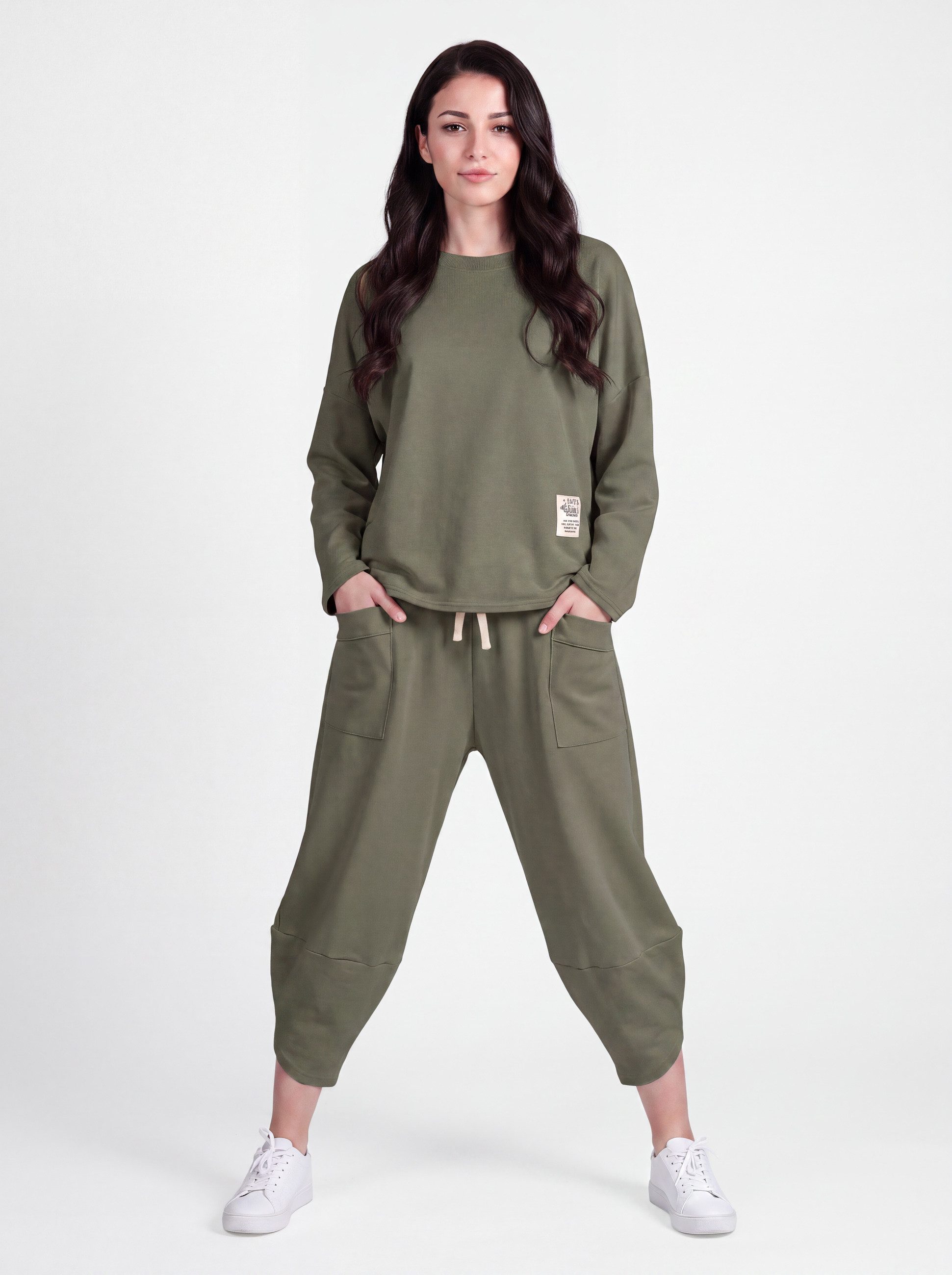 PEKIVESSA Jogginganzug Oversized Jersey-Sweatanzug Set mit 7/8-Hose (2-tlg), weicher Jersey Sweatshirt & Sweatpants 2-tlg.