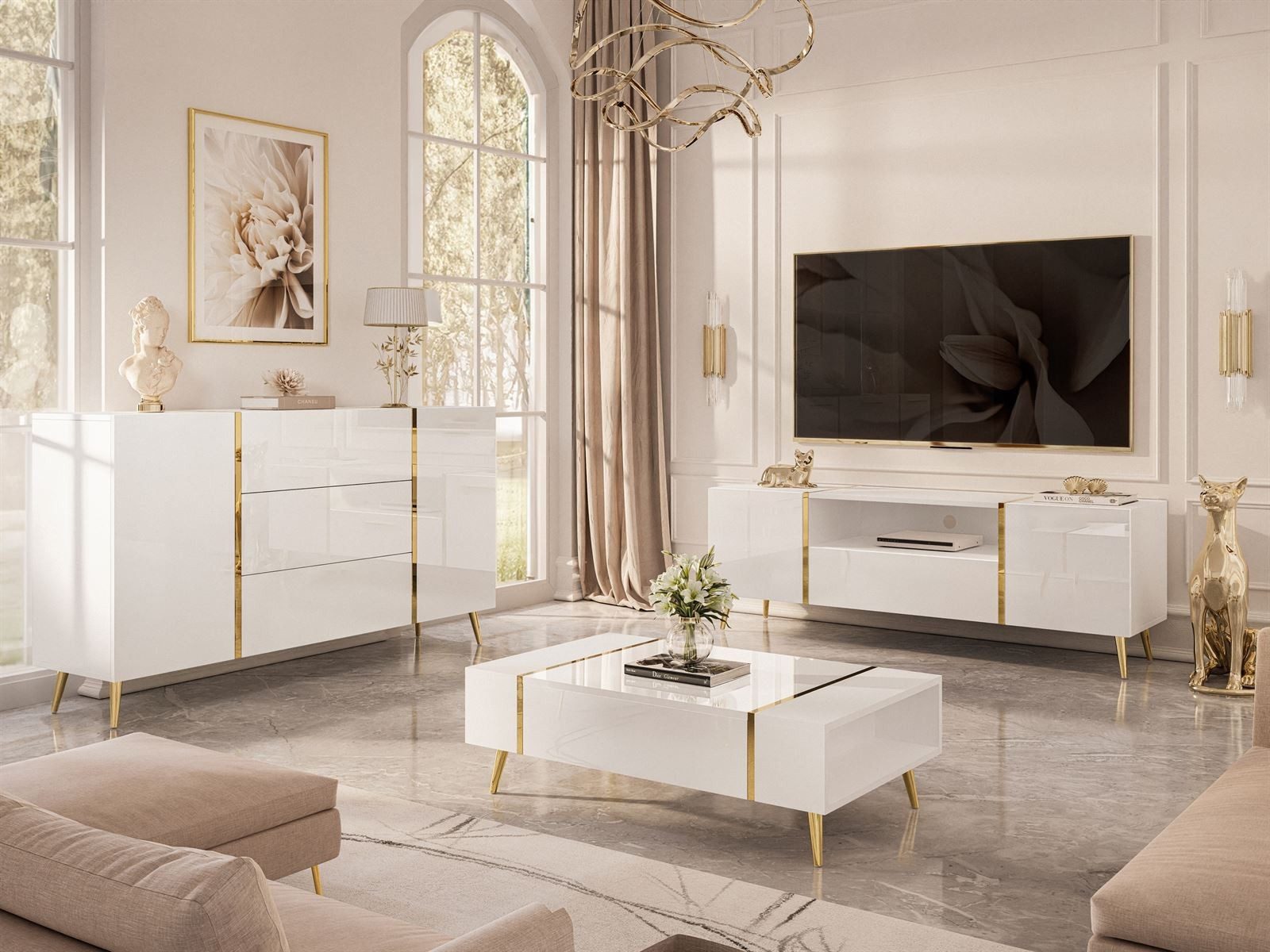 ALLHOUSE24 Wohnzimmer-Set DIAMANT Weiß Hochglanz GOLD Metallfüßen Wohnzimmer Möbel SET, Das Set besteht aus: Kommode, TV Schrank, Couchtisch