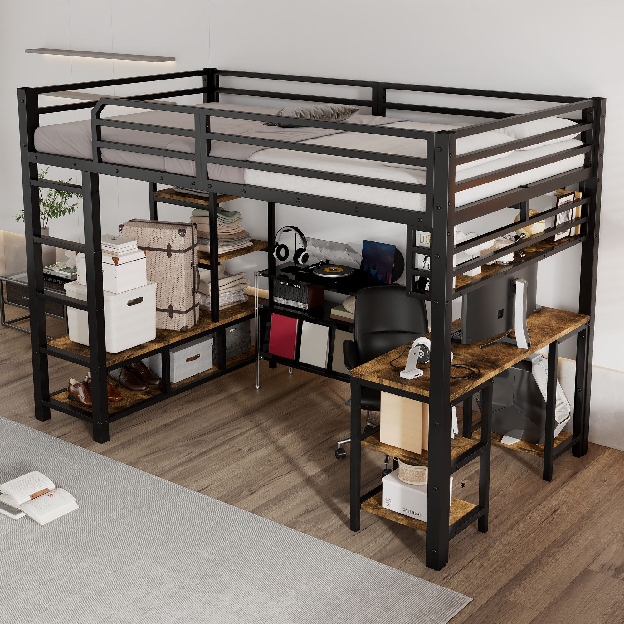 HAUSS SPOLE Kinderbett 120x200 mit Staufach&Schreibtisch,Jugendbett Bettgestell mit Gitter (mit Schreibtisch und Ablagefläche, Stabile Lattenroste, 4-stufige Leiter, 120x200 cm), ohne Matratze