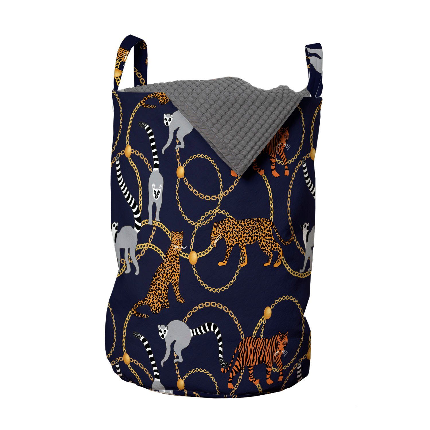 Abakuhaus Wäschesäckchen Wäschekorb mit Griffen Kordelzugverschluss für Waschsalons, Lemur Tiger Leopard Ketten Exotische