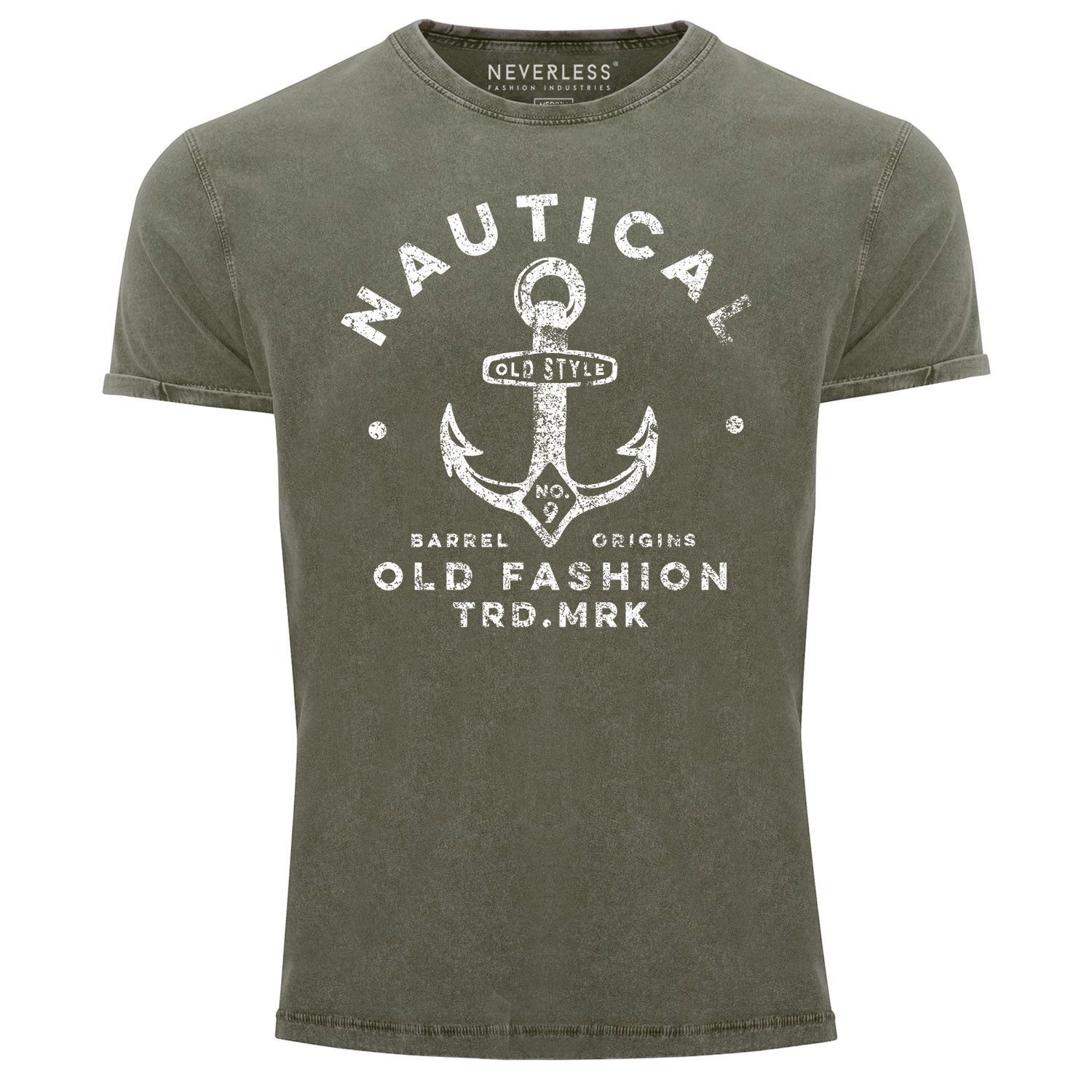 Neverless Print-Shirt Herren Vintage Shirt Anker Motiv Nautical Old Fashion Printshirt Used Look Slim Fit Neverless® mit Print oliv