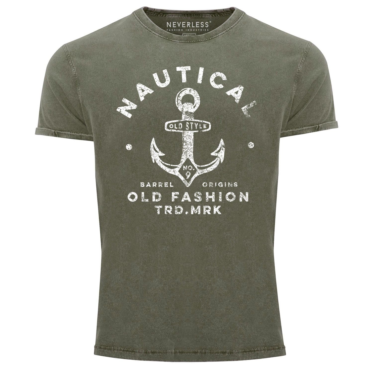 Neverless Print-Shirt Herren Vintage Shirt Anker Motiv Nautical Old Fashion Printshirt Used mit Print