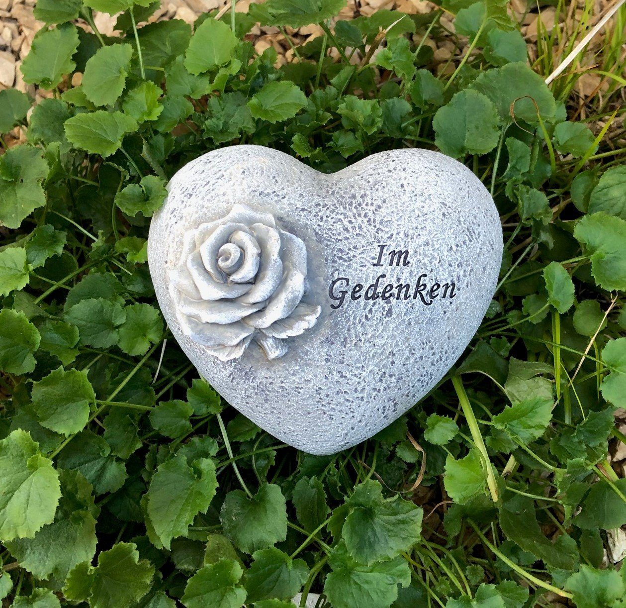 Radami Gartenfigur Grabherz Grab Herz Grabschmuck mit Rose - Im Gedenken - bauchig