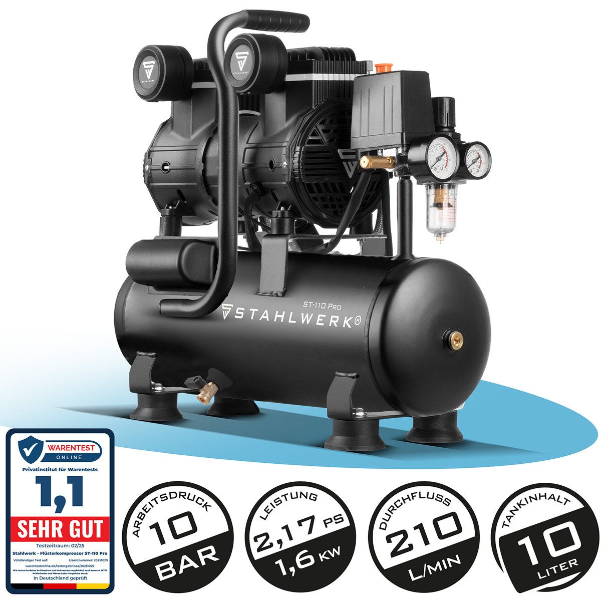 STAHLWERK Kompressor Kompressor ST-110 Pro mit 10 bar 2,1 PS 1,6 kW, 1600 W, max. 10 bar, 10 l, Gerät, 1-tlg., Einzelgerät, Flüster-Kompressor mit Brushless-Motoren