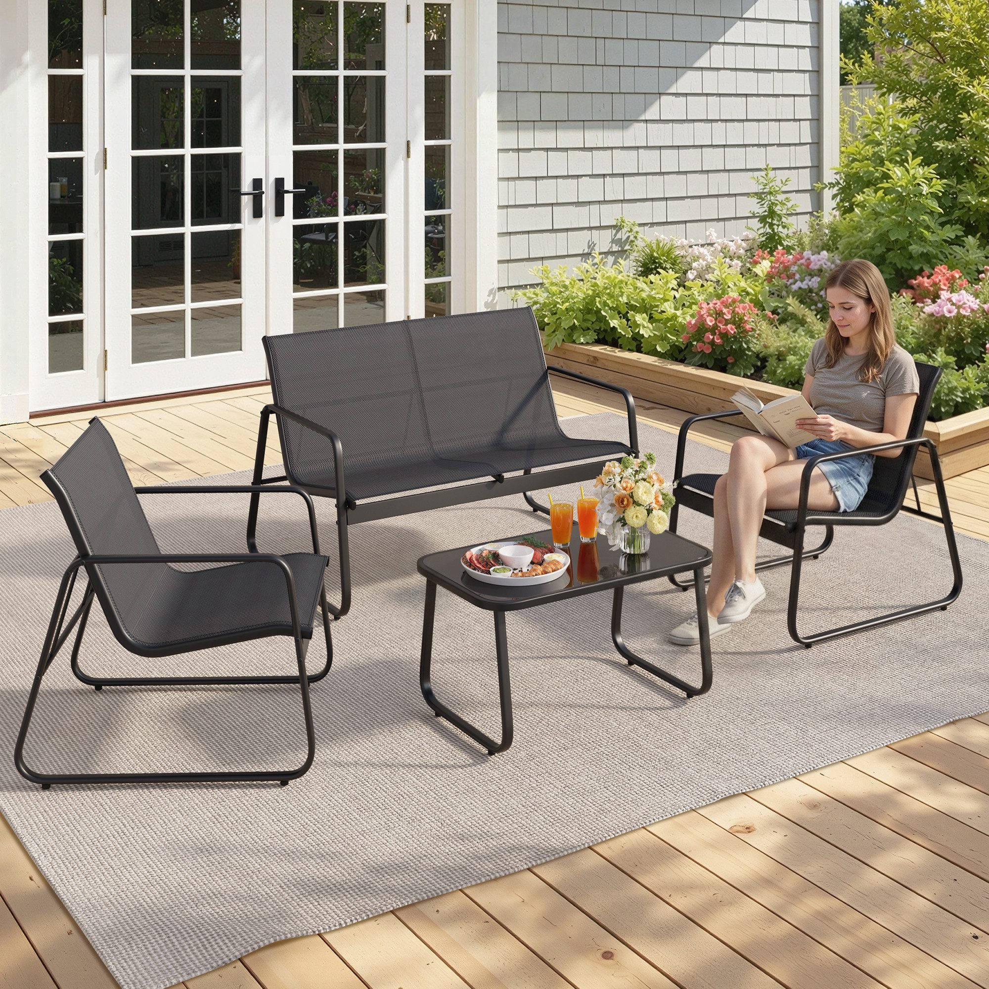 Blishom Gartenlounge-Set 4-tlg. Garten-Sitzgruppe, Balkonmöbel Sitzgruppe, 2 Einzelsessel, 2-Sitzer Gartenbank, Glas-Beistelltisch, wetterfest