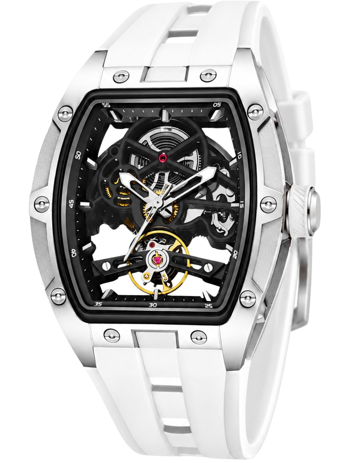 S&T Design Automatikuhr Armbanduhr Herren Uhr Edelstahl Silikon Skelett Skelleton, (inkl. Geschenkbox, Schnalle), Mechanisch 50M Wasserdicht Rechteckig