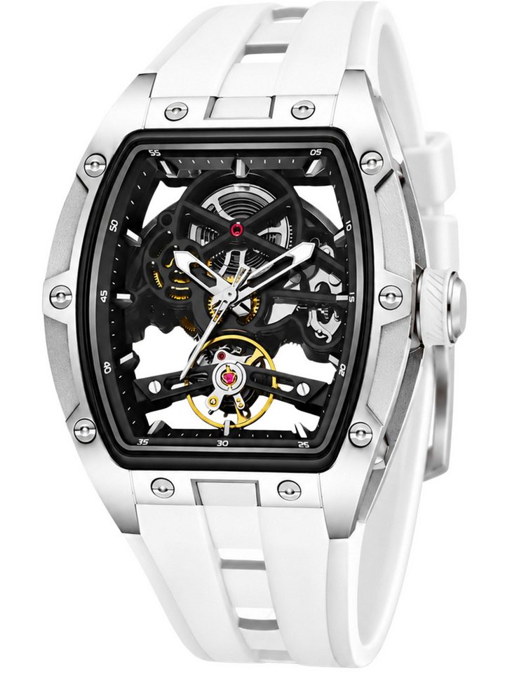 S&T Design Automatikuhr Armbanduhr Herren Uhr Edelstahl Silikon Skelett Skelleton, (inkl. Geschenkbox, Schnalle), Mechanisch 50M Wasserdicht Rechteckig