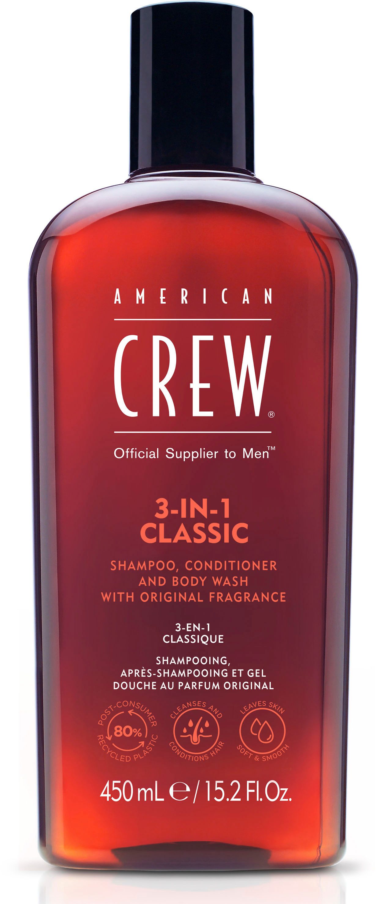 American Crew Haarshampoo 3In1 Classic Shampoo 450 ml, Für Herren aller Haartypen, spendet Feuchtigkeit, beruhigt Kopfhaut.
