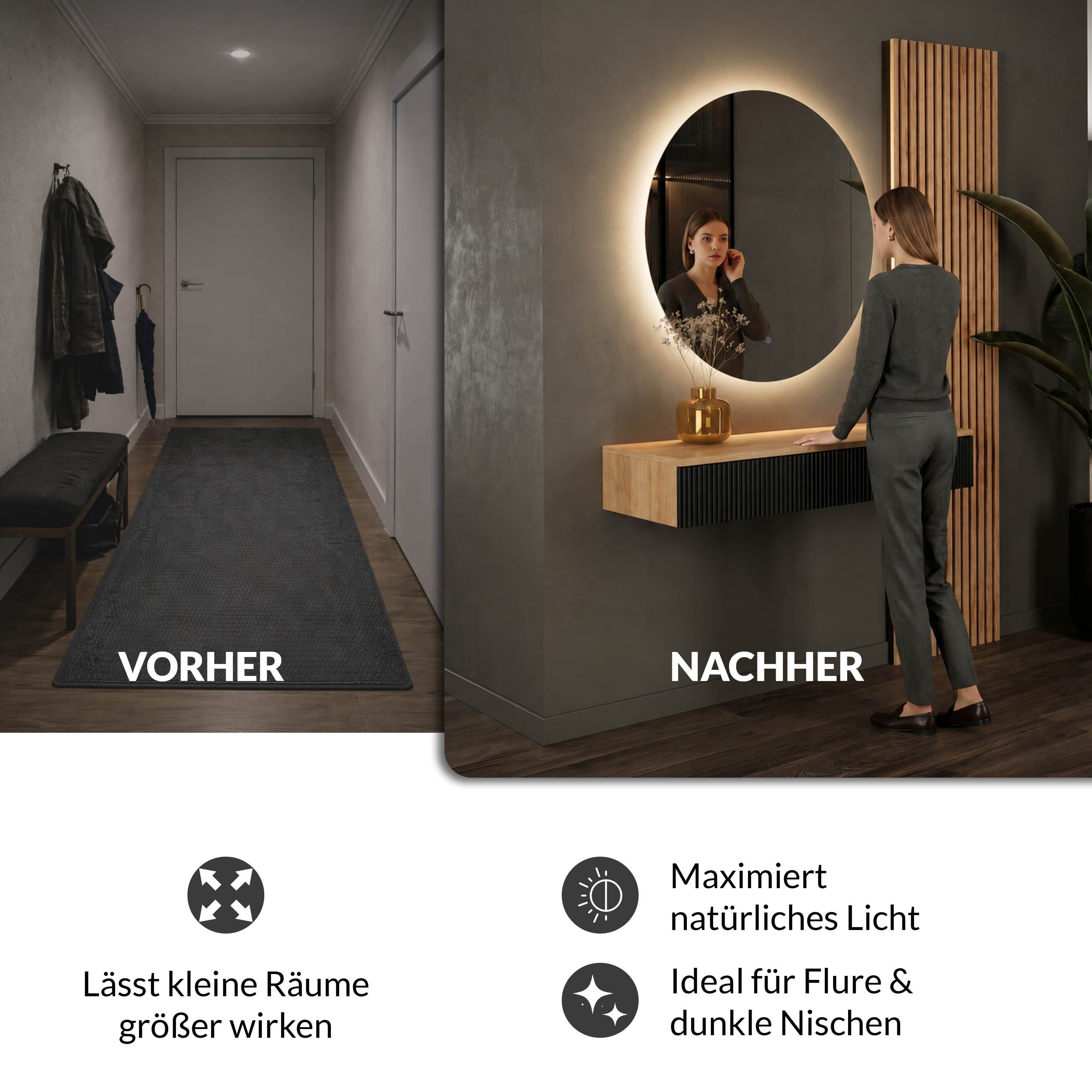 Planetmöbel Konsolentisch AMYRA Flurtisch 100 cm, NOVA Spiegel mit Beleuchtung 60 - 100 cm (Konsolentisch 100 cm, 2-St., inkl. Spiegel mit Beleuchtung rund 80x8 – Bild 3 von 5