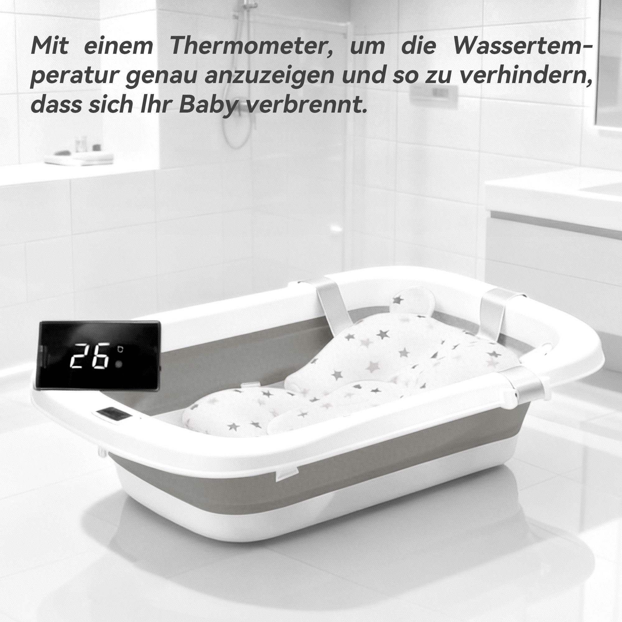 SEHAUSEU Babybadewanne Babywanne Badewanne mit Gestell faltbar, mit Thermometer, mit Abflussschlauch, Kissen–Matratze, Ablagebrett, Haarwaschbecher – Bild 4 von 5
