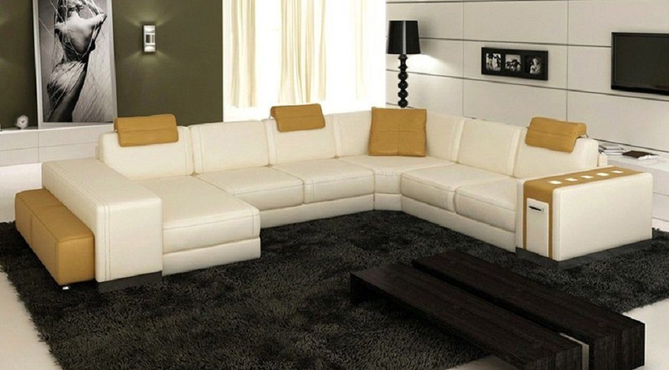 JVmoebel Ecksofa, Design Ecksofa Form Sofa Polster Wohnlandschaft Ledersofa Beige/Creme Couch U