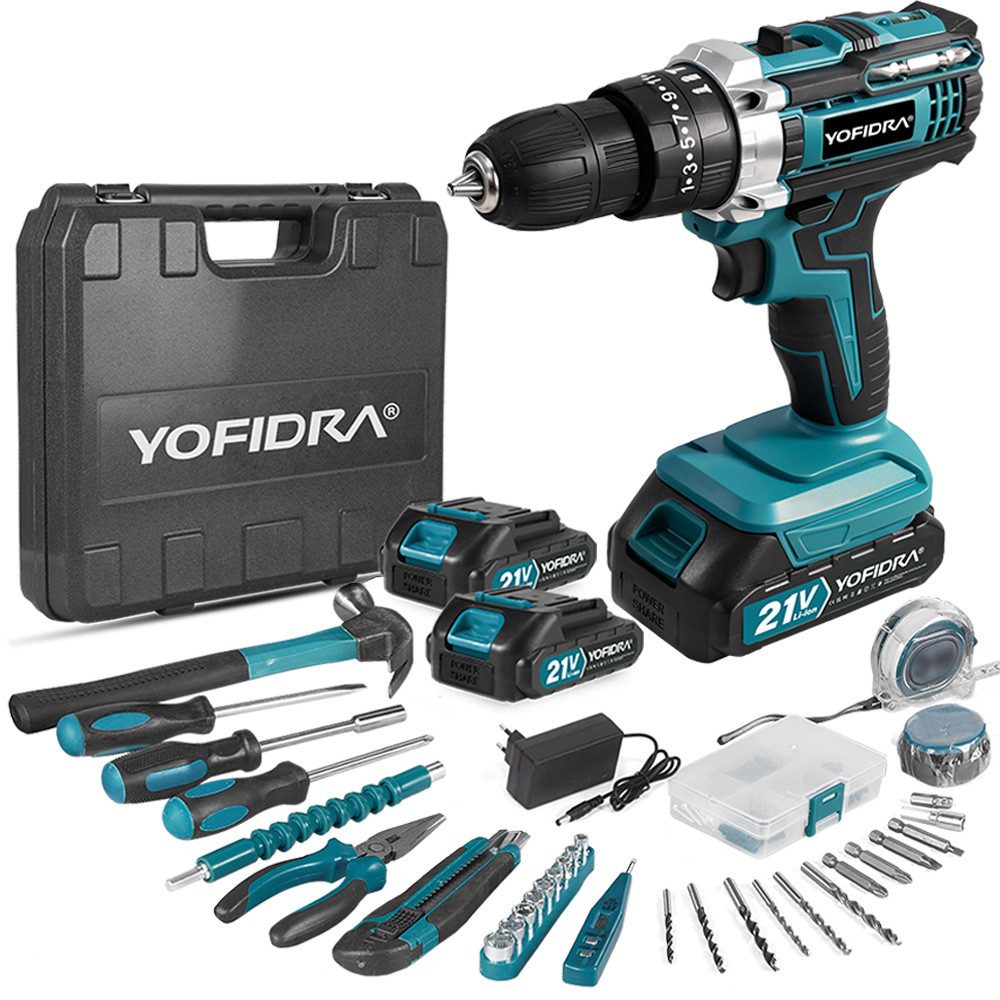 Yofidra Akku-Bohrschrauber 21V Akkuschrauber Set 60Nm Akku Bohrmaschine mit 2 x Akkus, max. 1600 U/min, 25+3 Drehmomentstufen, 1600 RPM(2-Gang), 10mm Bohrfutter