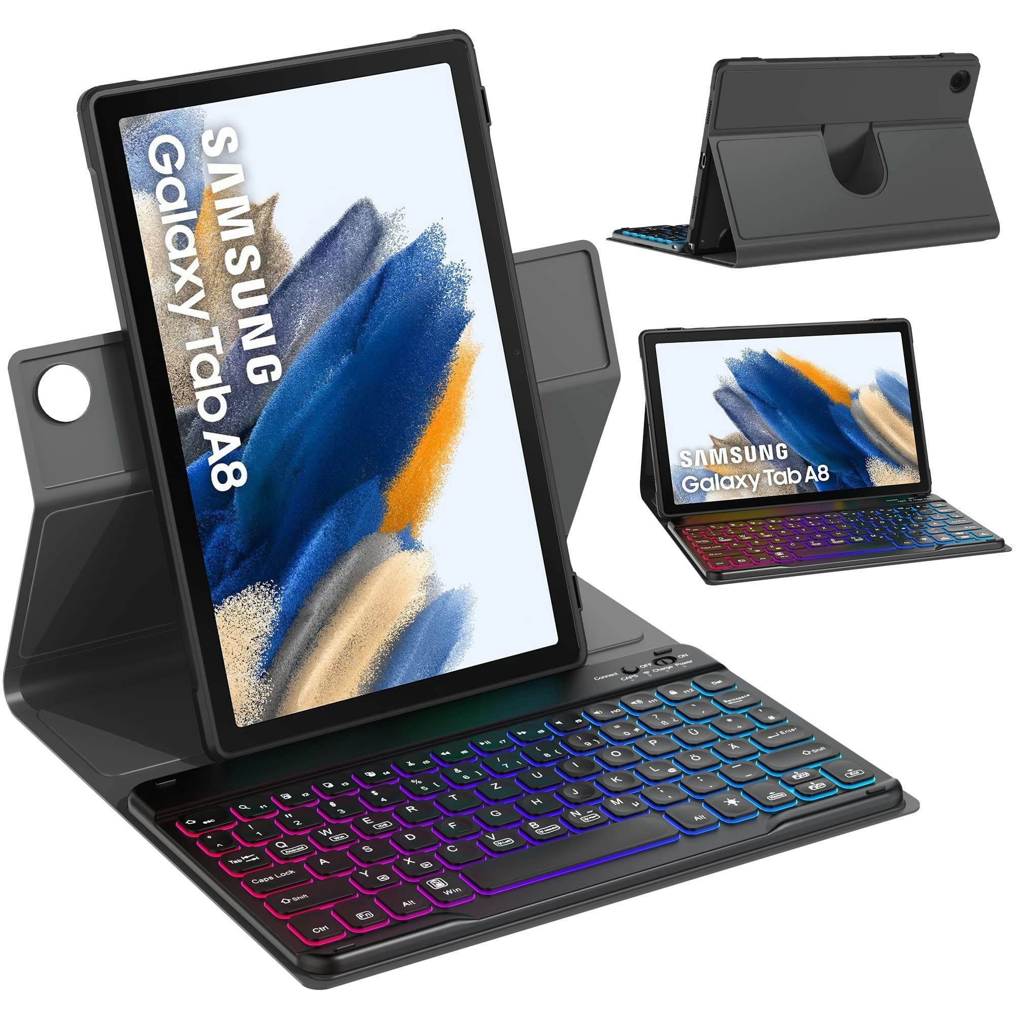 Supobig Tastatur für Samsung Galaxy Tab A8 Hülle 10,5 Zoll(SM-X200/205)  Tablet-Tastatur (360°Drehung QWERTZ Beleuchtete Bluetooth Magnetische  Kabellose)