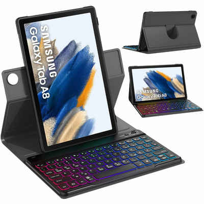 Supobig Tastatur für Samsung Galaxy Tab A8 Tastatur Hülle 10,5 Zoll(SM-X200/205), 360°Drehung mit Stifthalter, 7 Farbige Beleuchtete Bluetooth Magnetische Kabelloser Abnehmbarer Tastatur HülleDeutsches QWERTZ Tablet-Tastatur